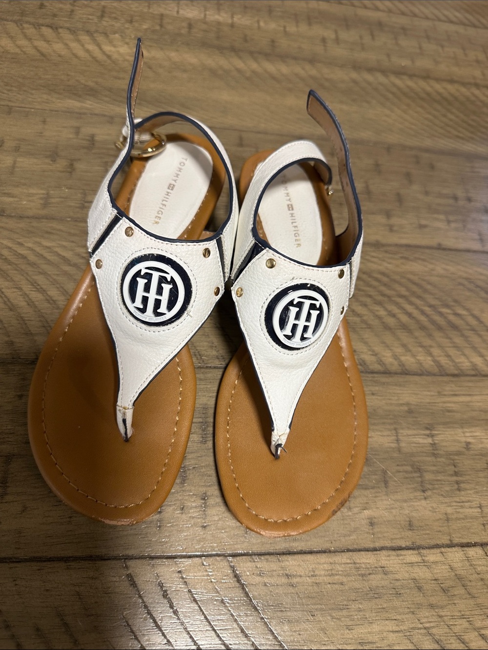Tommy Hilfiger White and Tan Logo Thong Sandals